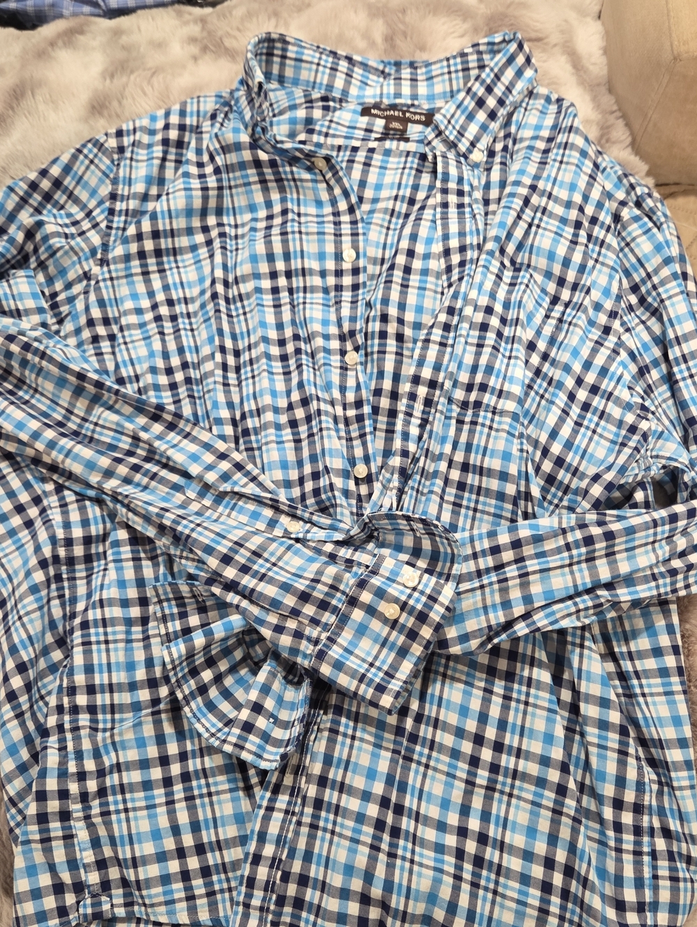 Michael Kors Light and Navy Blue Plaid Button-Down Shirt